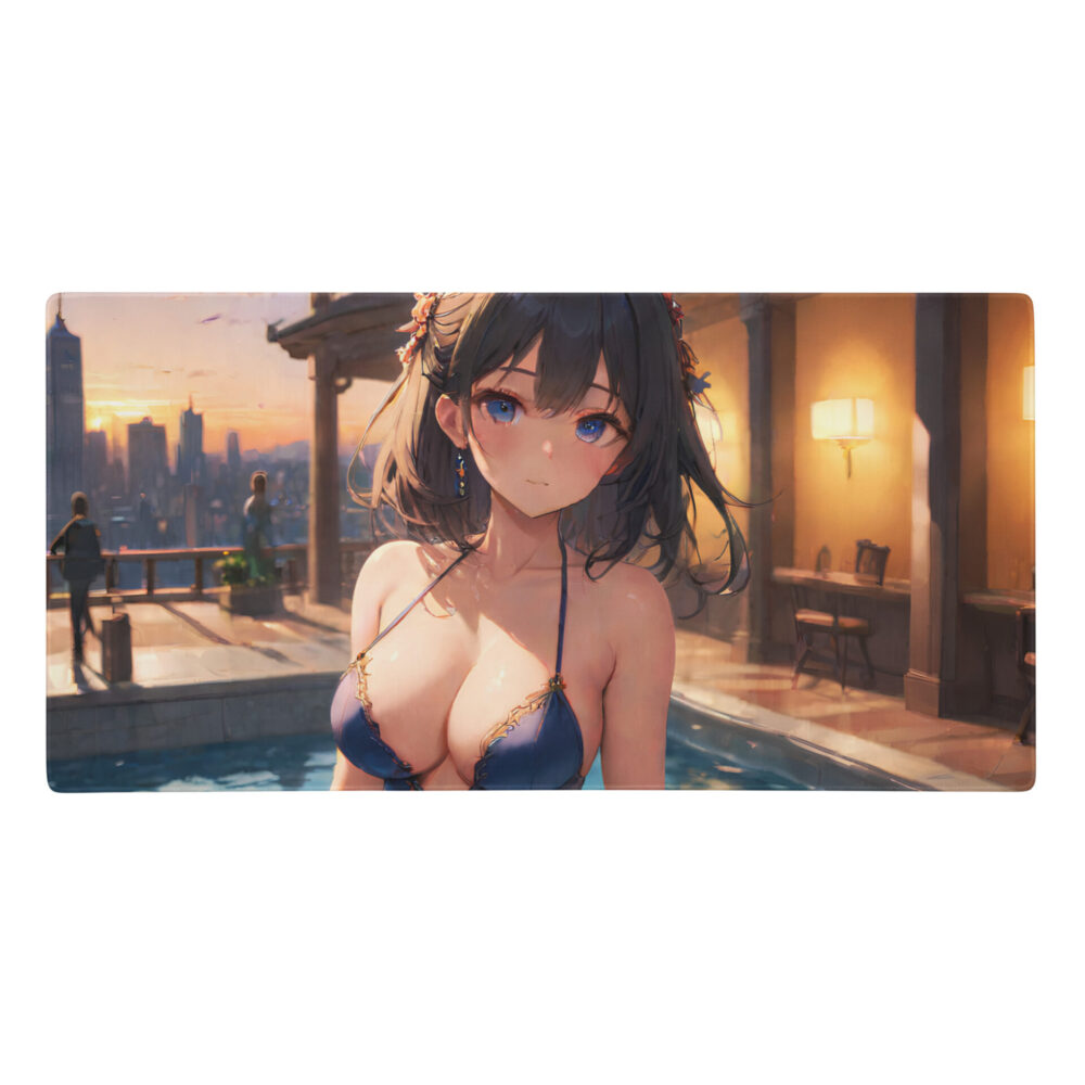 Black haired Anime Girl in lingerie at the city pool - Gaming mouse pad